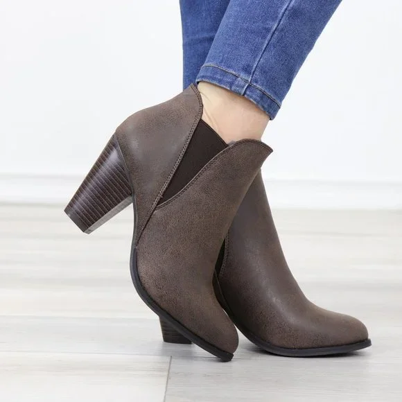 Chelsea Cone High Heel Ankle Boots Brown Synthetic Leather Pointed Toe - Picture 8 of 14